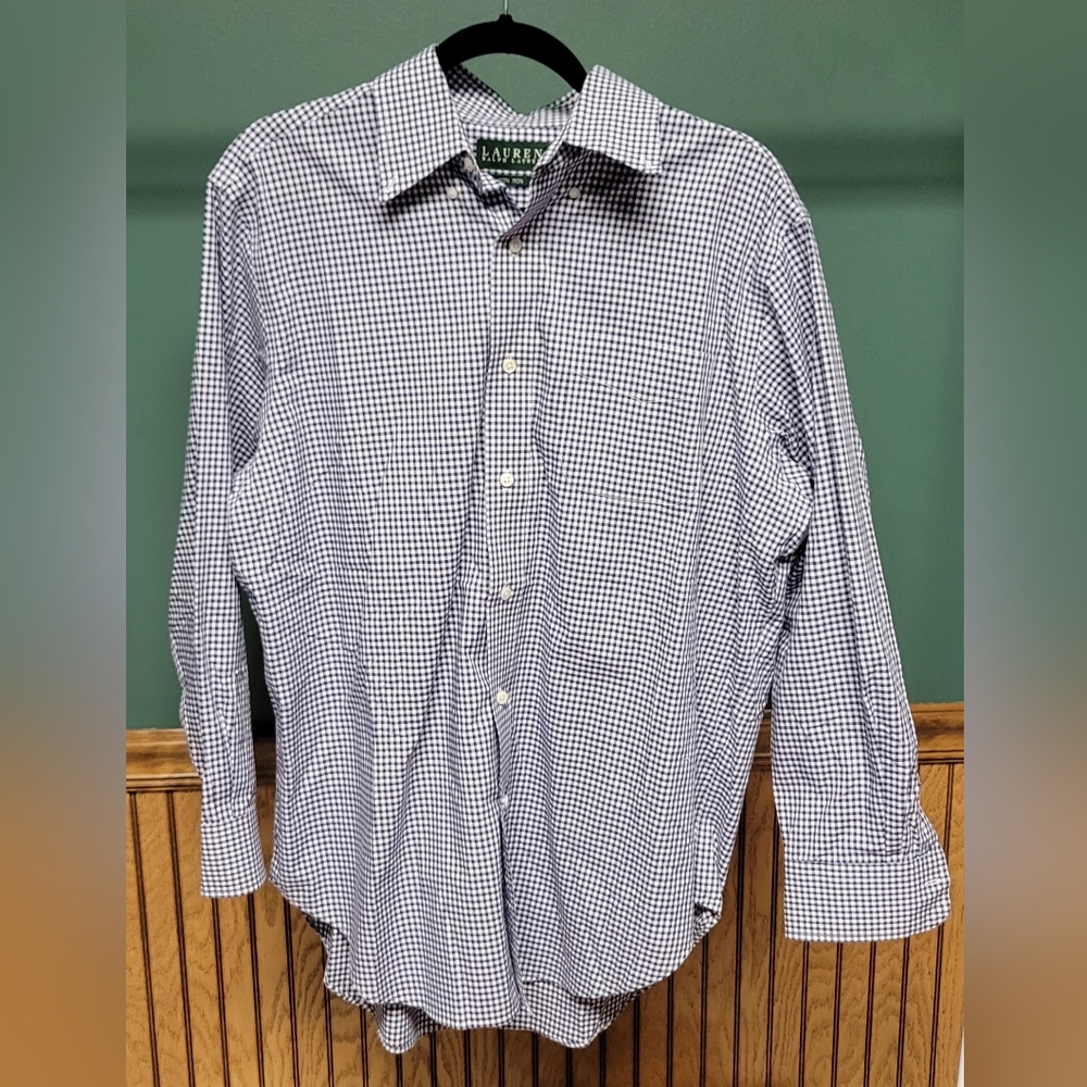 Ralph Lauren Men's Blue Gingham Button Down Size 16 100% Cotton